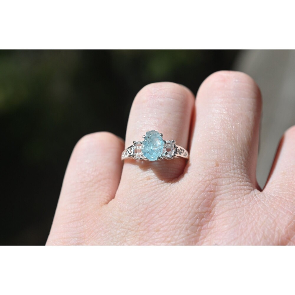 Engagement ring Raw Herkimer lake county diamond and Aquamarine s size 7 anniver